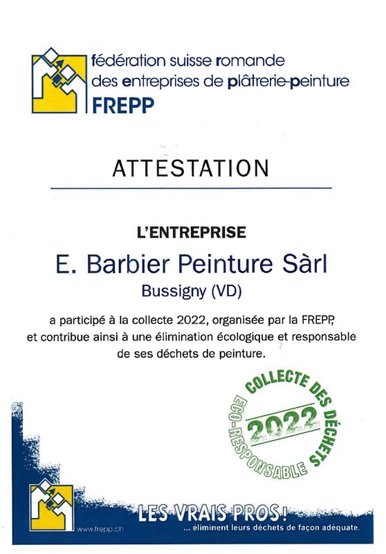 attestation FREPP - collecte déchets spéciaux 2022